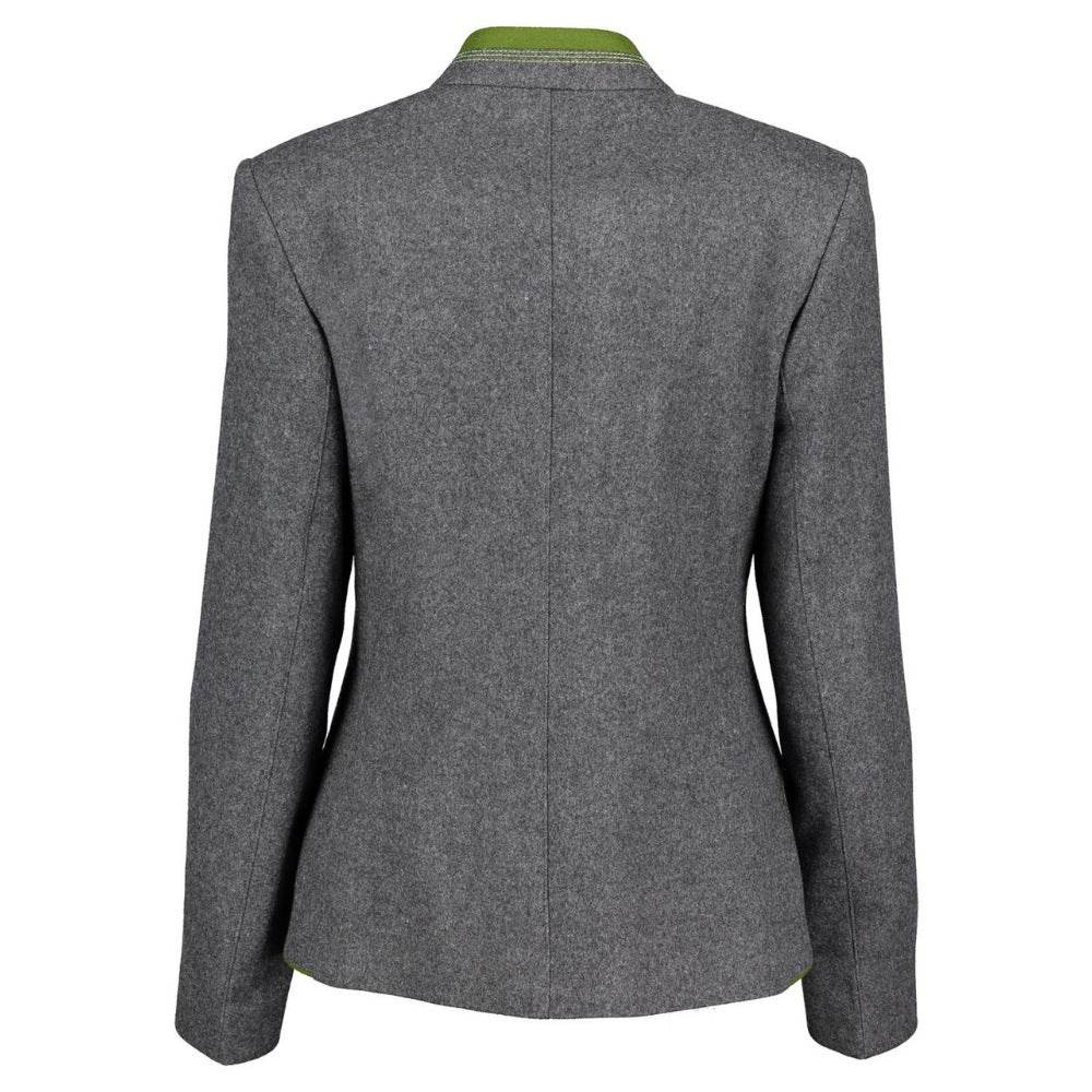 Ladies loden festival coat back, dark gray with green-trimmed stand collar and long sleeves.