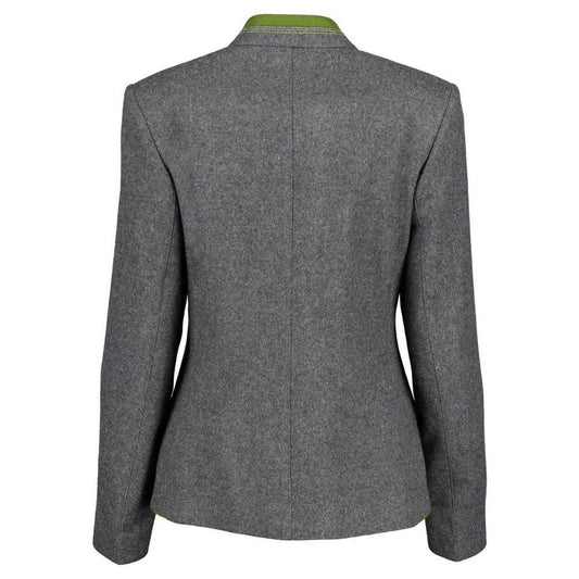 Ladies loden festival coat back, dark gray with green-trimmed stand collar and long sleeves.