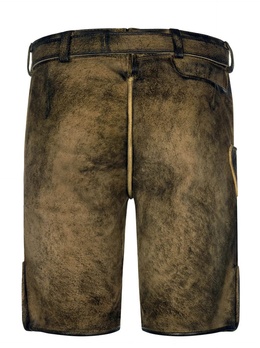 Men's lederhosen shorts with dark olive brown finish and traditional rear yoke seams