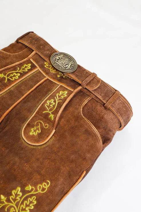 Men's brown suede short lederhosen with ornate green/gold embroidery and front belt