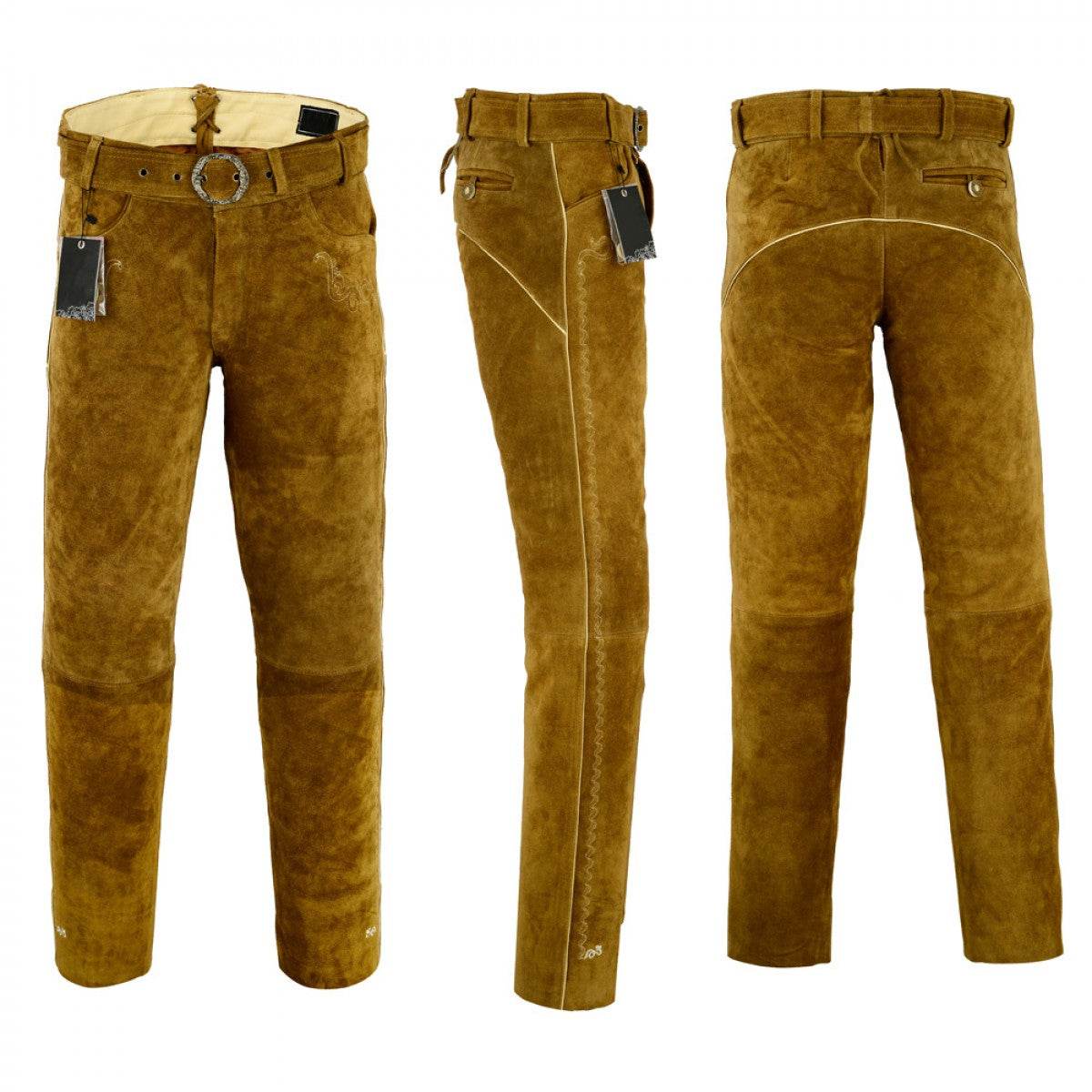 Men's brown suede leather lederhosen with belt loops and decorative button accents