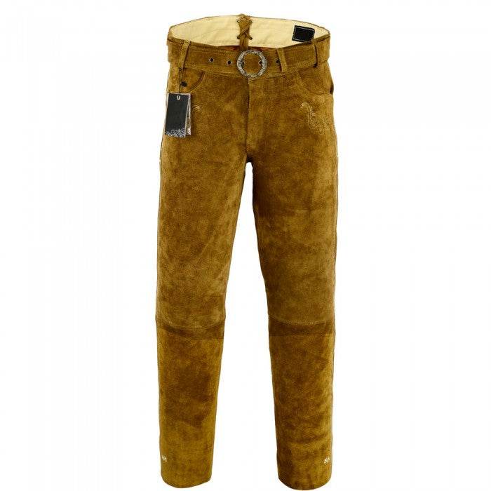 Men's brown suede leather lederhosen with belt loops, button fly, traditional cuffs