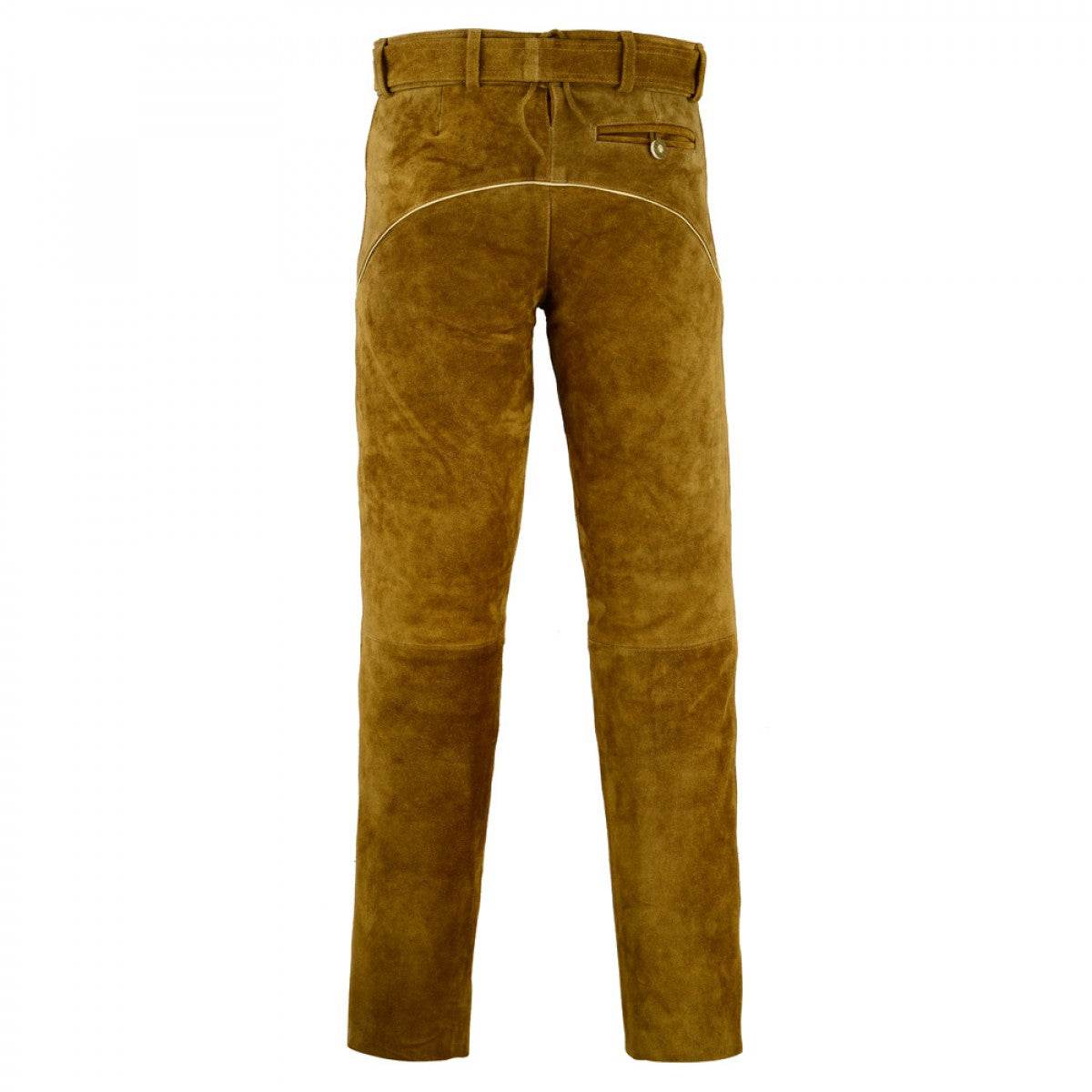 Men's brown suede leather lederhosen with belt loops, back yoke, button closure