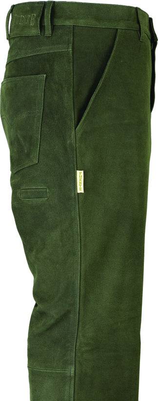 Classic green lederhosen for men, side seam detail and inner pocket label.