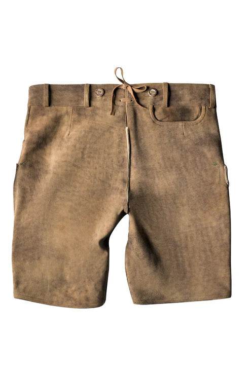 Brown suede short lederhosen with belt loops and center drawstring