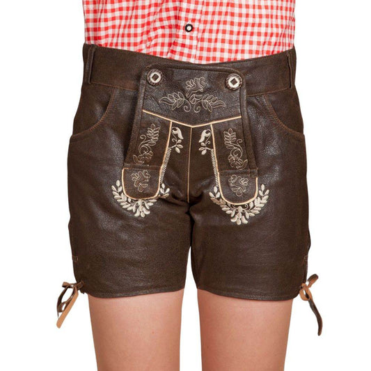 Lederhose Damen dunkelbraun kurz mit traditionellen Details - Lederhose Herren