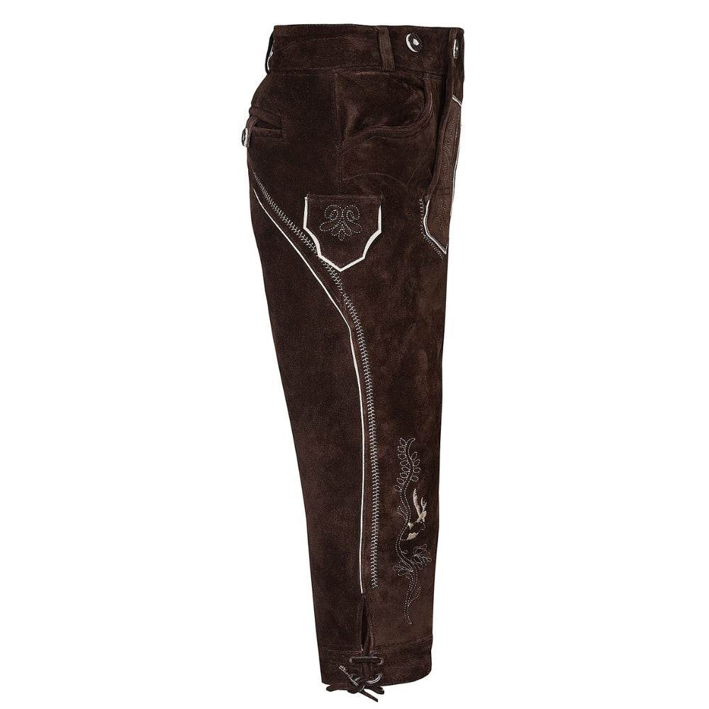 Men's dark brown suede lederhosen pants with zipper fly and stitched vertical trim