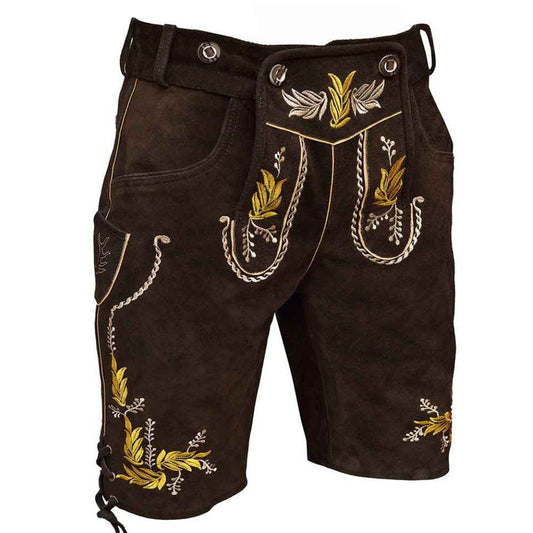 Brown leather shorts with yellow/white embroidered panels and heart crest