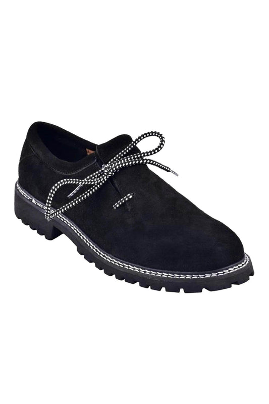 Men's dark suede-style shoes with braided lace and white double-stitch trim