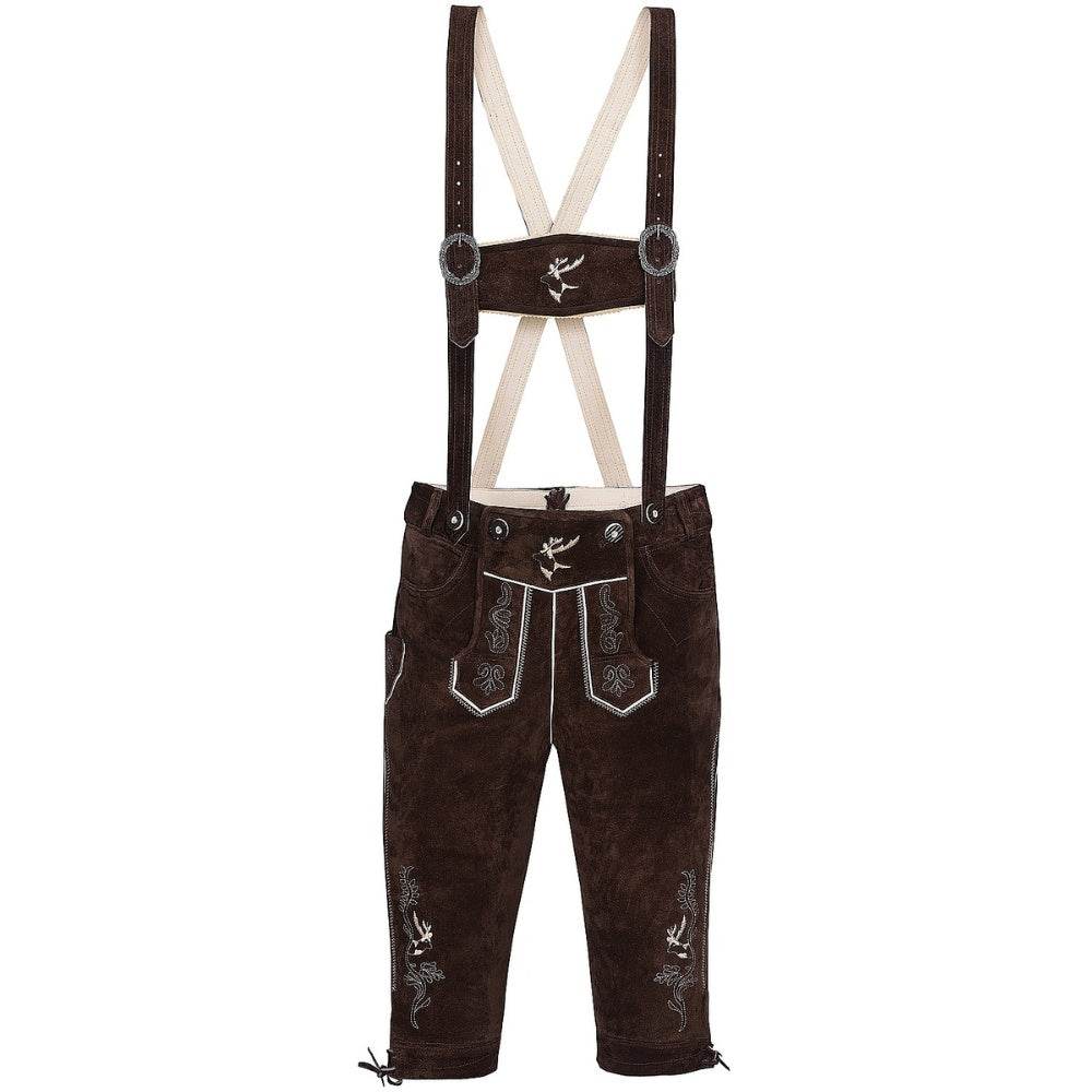 Men's dark brown lederhosen with suspenders and embroidered front pockets