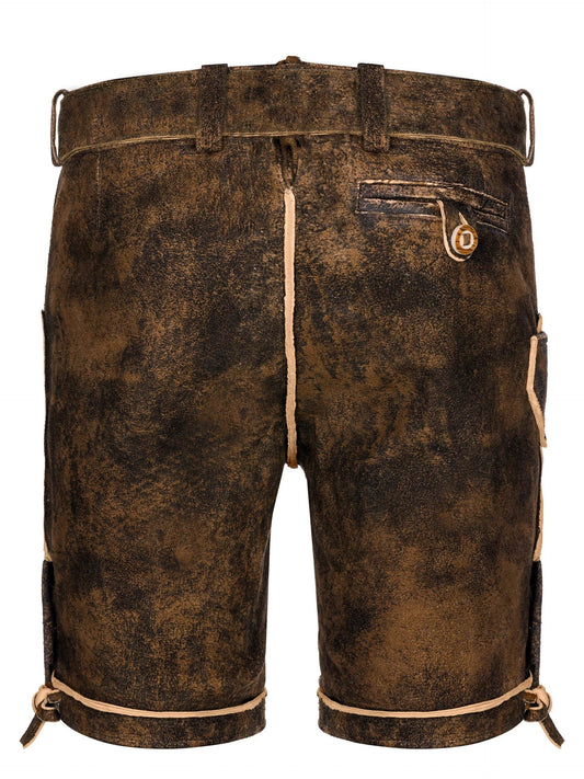 Men's brown lederhosen shorts with back embroidery, pocket details, and lacing ties