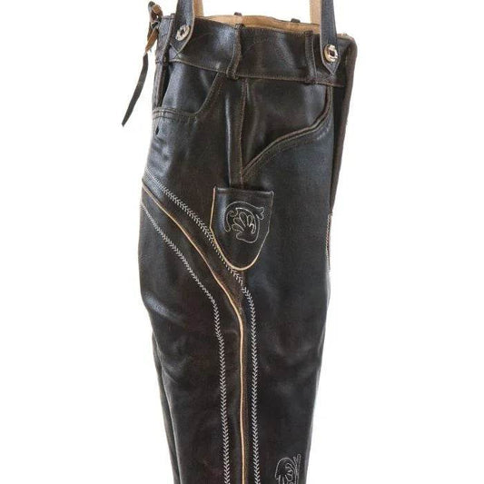 Dark leather lederhosen with side pocket, shield emblem, and contrast stitched seam