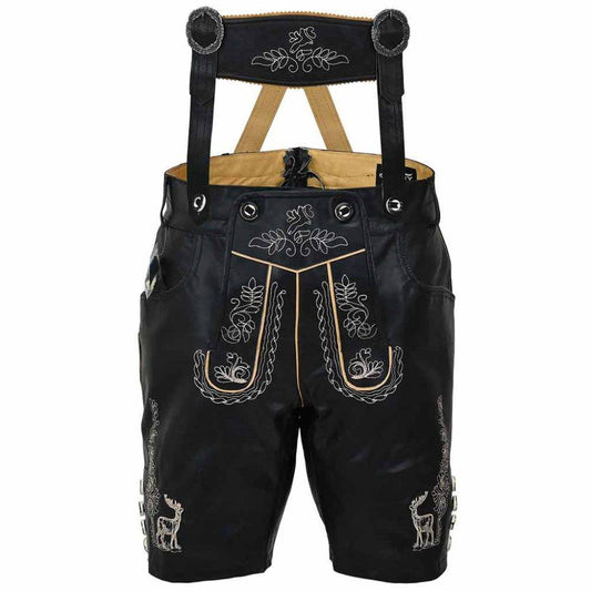 Men's black leather shorts with front embroidery and buttoned fly