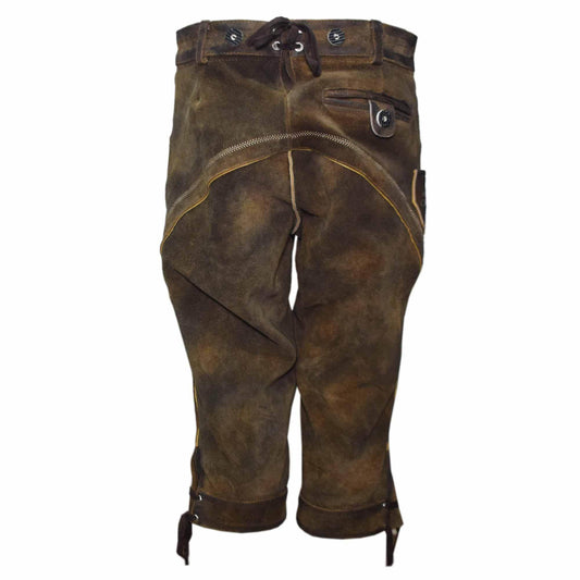 Brown traditional lederhosen shorts with front fly and side lacing ties, decorative stitching