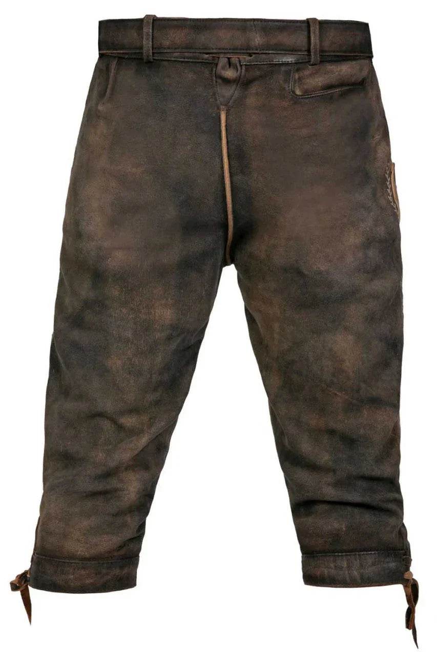 Men's dark brown leather knee breeches with belt loops and ankle draw cords