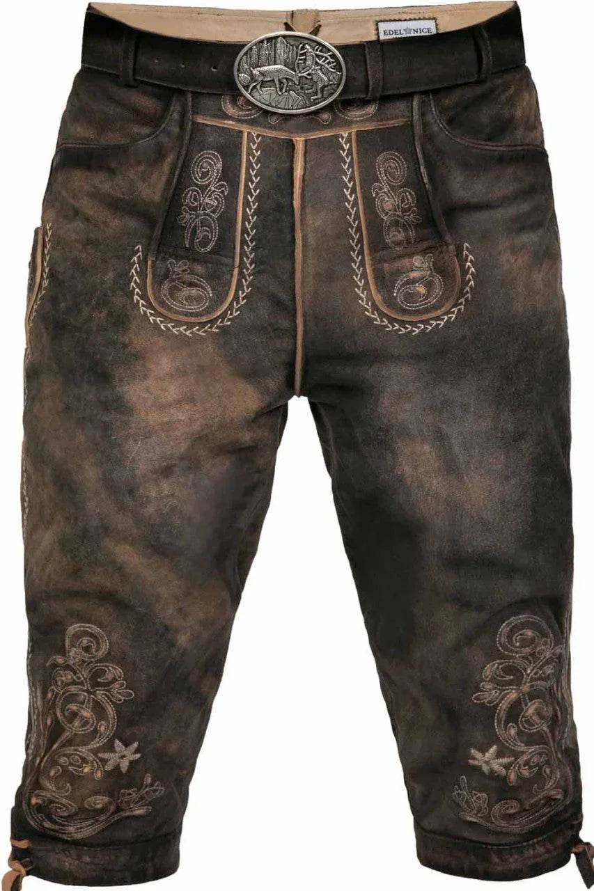 Men's dark brown leather knee breeches with decorative embroidery and oval front buckle