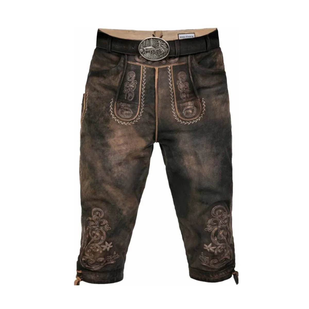 Men's dark brown leather knee breeches with embroidered panels and oval belt buckle