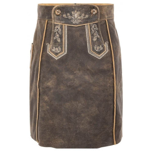 Dark leather dirndl skirt with central embroidered panel and decorative button waistband