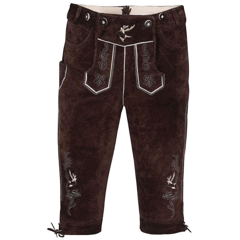 Men's dark brown suede lederhosen shorts with embroidered panels and lacing ties
