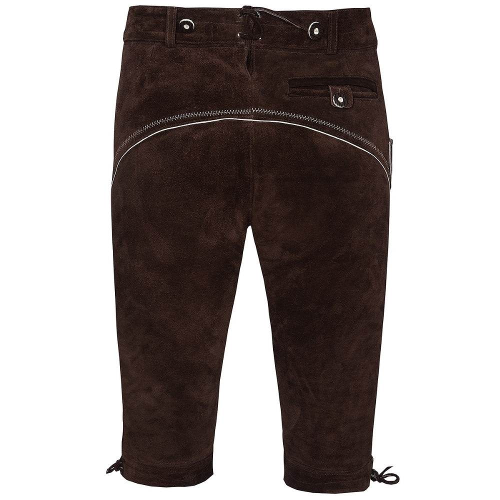 Men's dark brown suede lederhosen shorts with belt loops and side tie hems