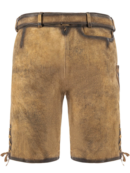 Men's leather lederhosen shorts, tan suede look with side embroidery panels