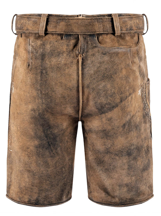 Men's tan leather lederhosen with button fly, straight legs, and side pockets