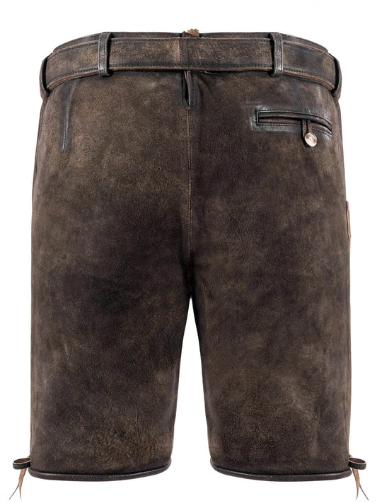 Men's dark brown traditional trousers, side view with pocket flap and tie strings