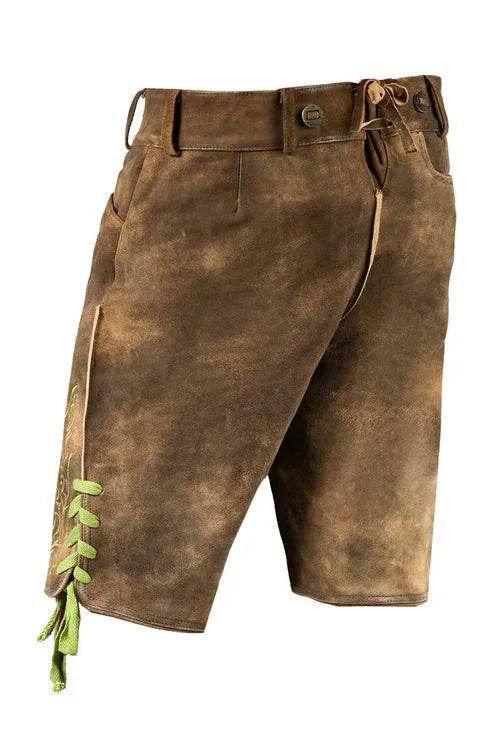 Bayerische Kurz Männerhose mit Trachtenknöpfen und Latz - Lederhose Herren