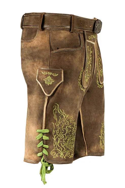 Men's brown lederhosen shorts with green-gold embroidery, back pockets, and button detail