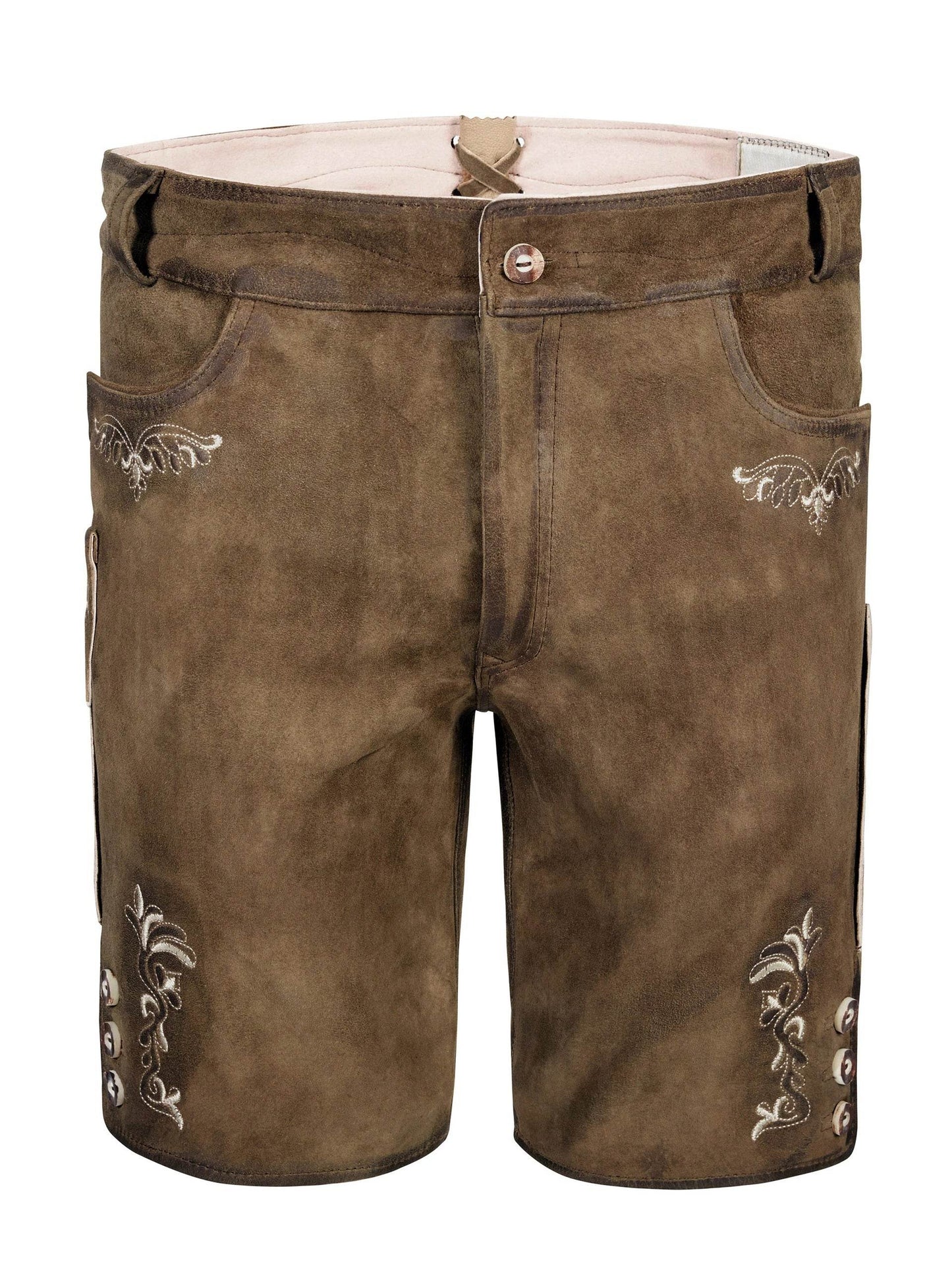 Men's dark brown leather shorts with embroidered side motifs and front button closure