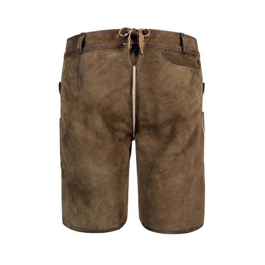Men's traditional leather shorts with front fly and belt loops, dark brown