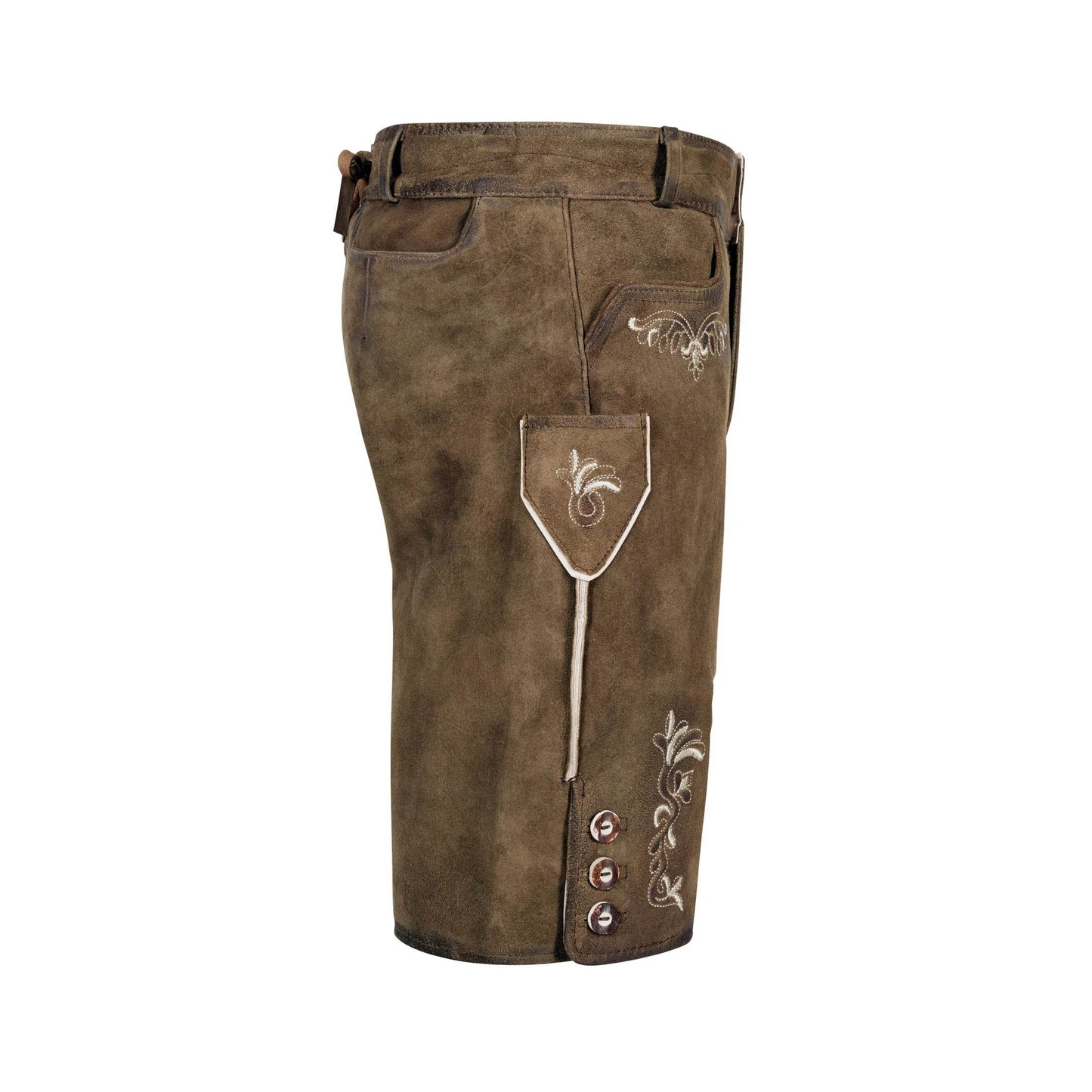 Men's dark brown leather shorts with ornate side emblems and metal button fly