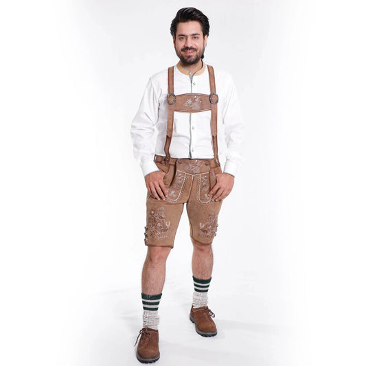 Brown leather short lederhosen outfit with white embroidery, suspenders, and lace-up shoes