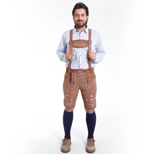 Brown lederhosen shorts with ornate embroidery, worn with suspenders and shirt