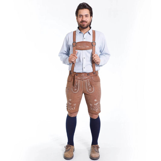 Men’s brown leather lederhosen with embroidered details, suspenders, and garters