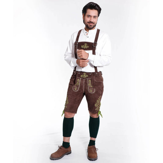 Brown embroidered lederhosen shorts with leather braces and green-and-gold motifs