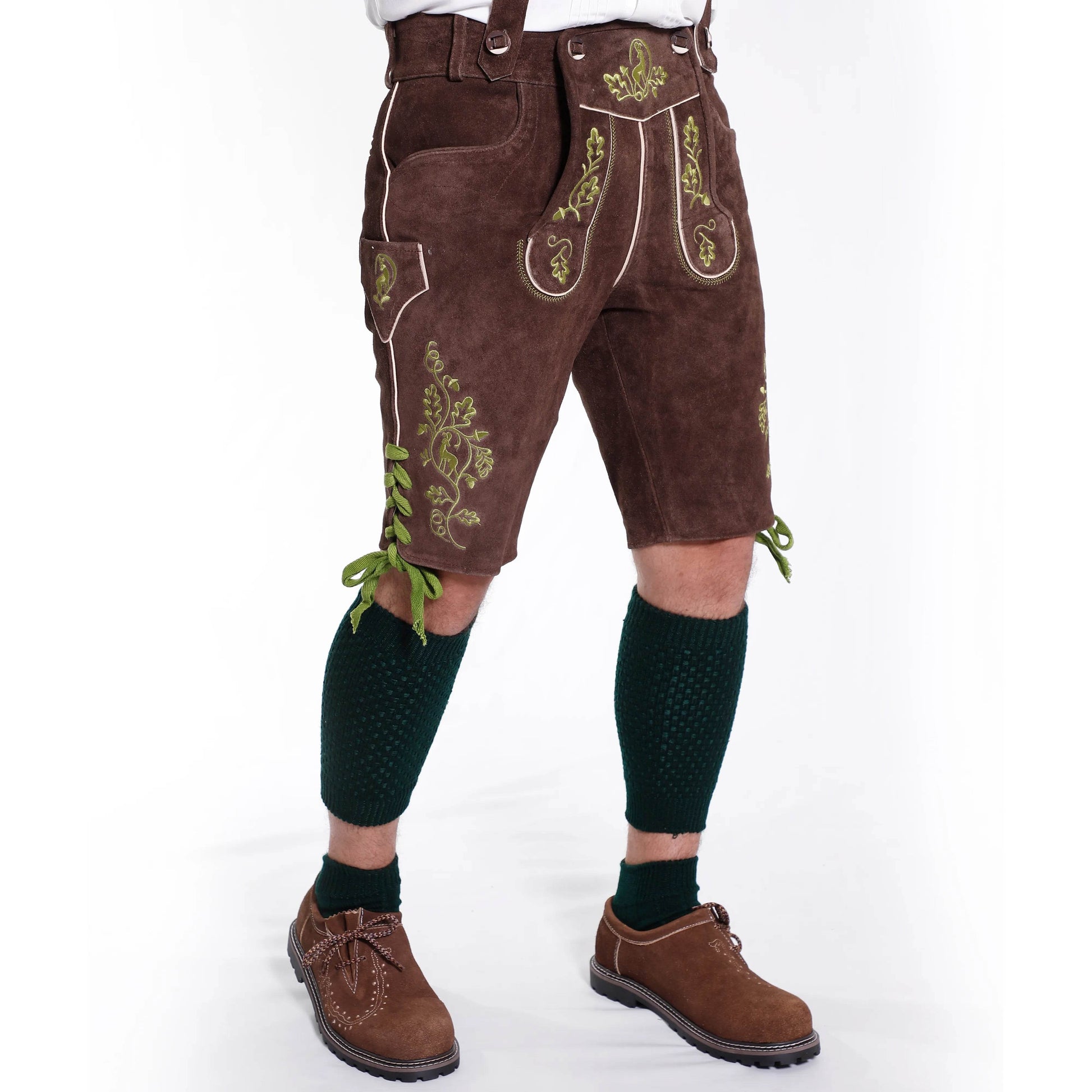 Männer Kurze Lederhose mit floralen Nähten im Alpen-Stil Design - Lederhose Herren