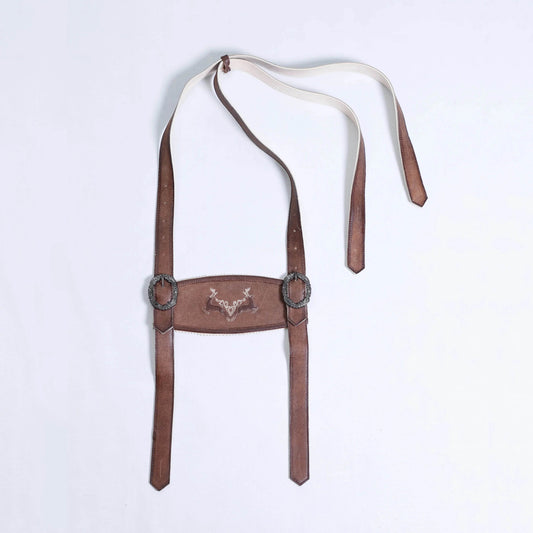 Brown leather suspenders with waistband for short lederhosen, front view