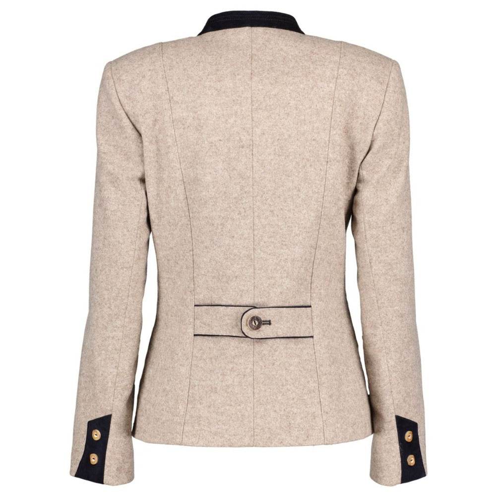 Beige women’s Oktoberfest blazer back with black cuff accents and waist belt button