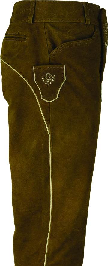 Men's traditional leather pants detail, dark olive-brown with embroidered hip badge and seams