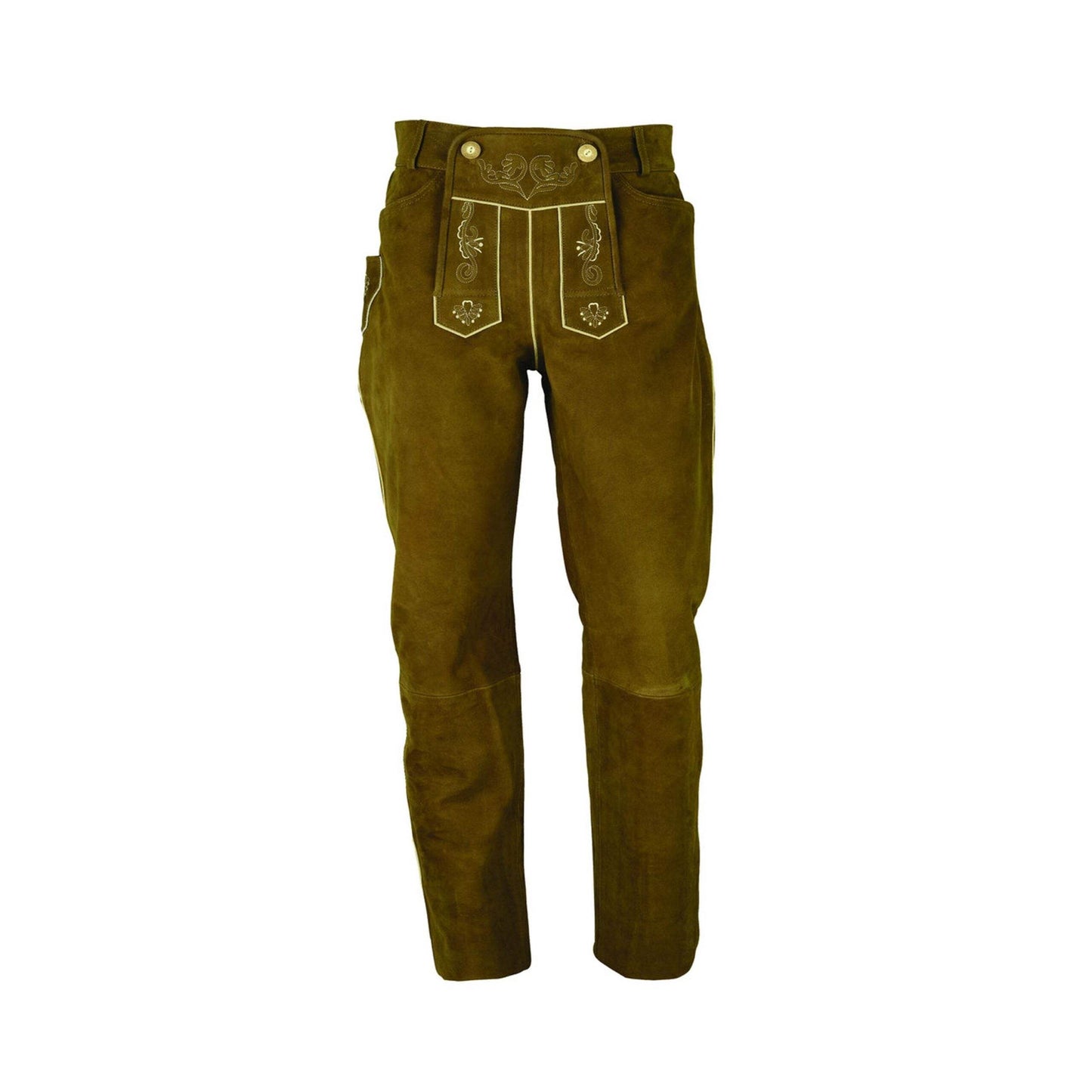 Men's traditional leather pants, dark olive-brown with decorative front pocket panels