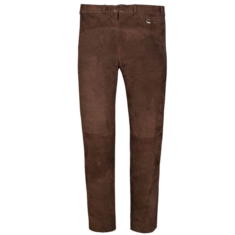 Brown leather lederhosen trousers with front button closure and traditional details