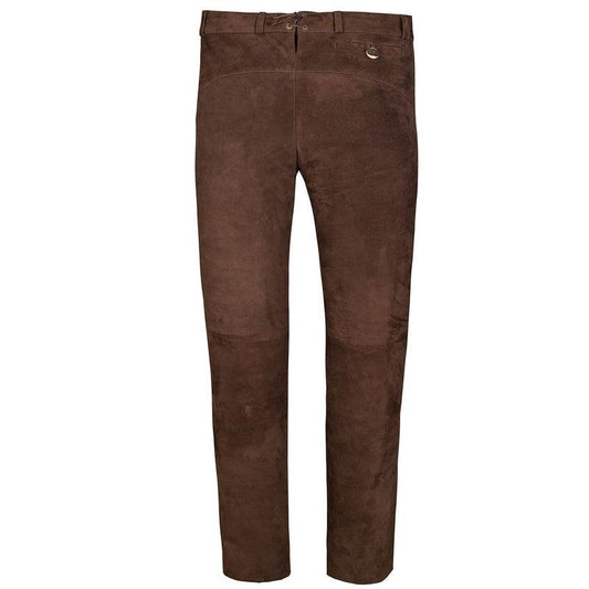 Brown leather lederhosen trousers with front button closure and traditional details