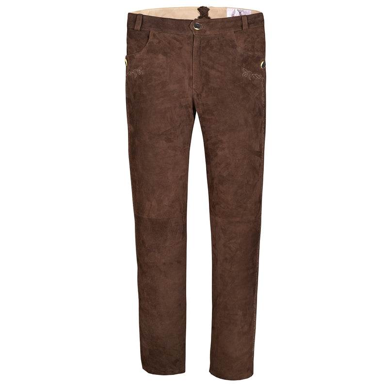 Brown leather lederhosen trousers with button fly, belt loops, and side pockets