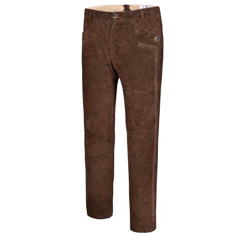 Brown leather lederhosen trousers with embroidered motif on thigh
