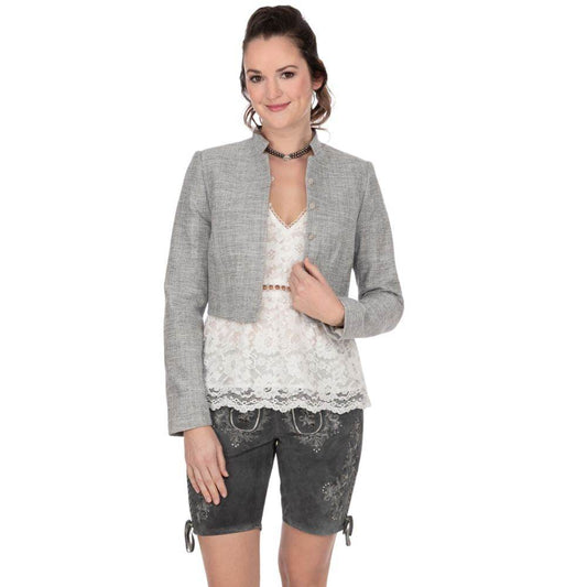 Women’s short leather lederhosen, dark gray, with decorative silver embroidery and tie laces