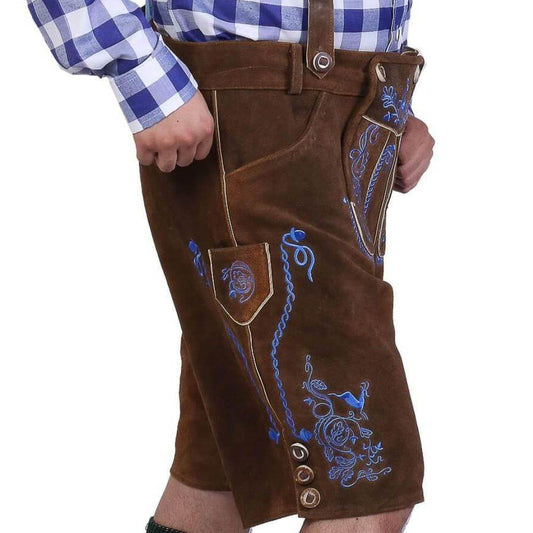 Brown leather lederhosen with blue embroidered suspenders-style panels and pocket flap