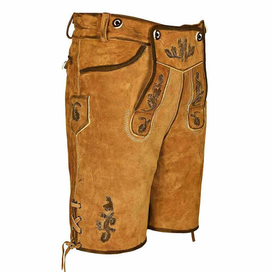 Men's short brown suede lederhosen with side embroidery and metal button tabs