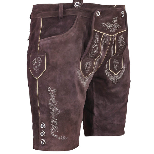 Dark brown suede leather shorts with front embroidery, belt loops, and metal grommets