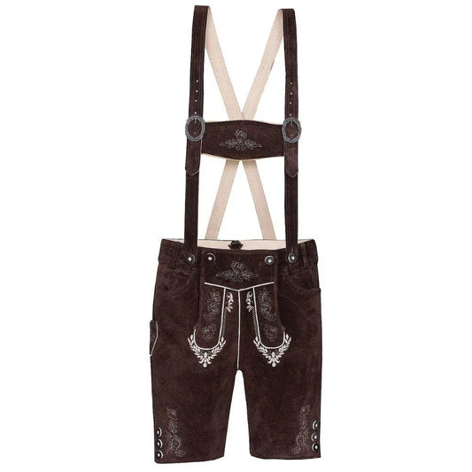 Dark brown leather suspenders with cross back and silver antler embroidery shorts
